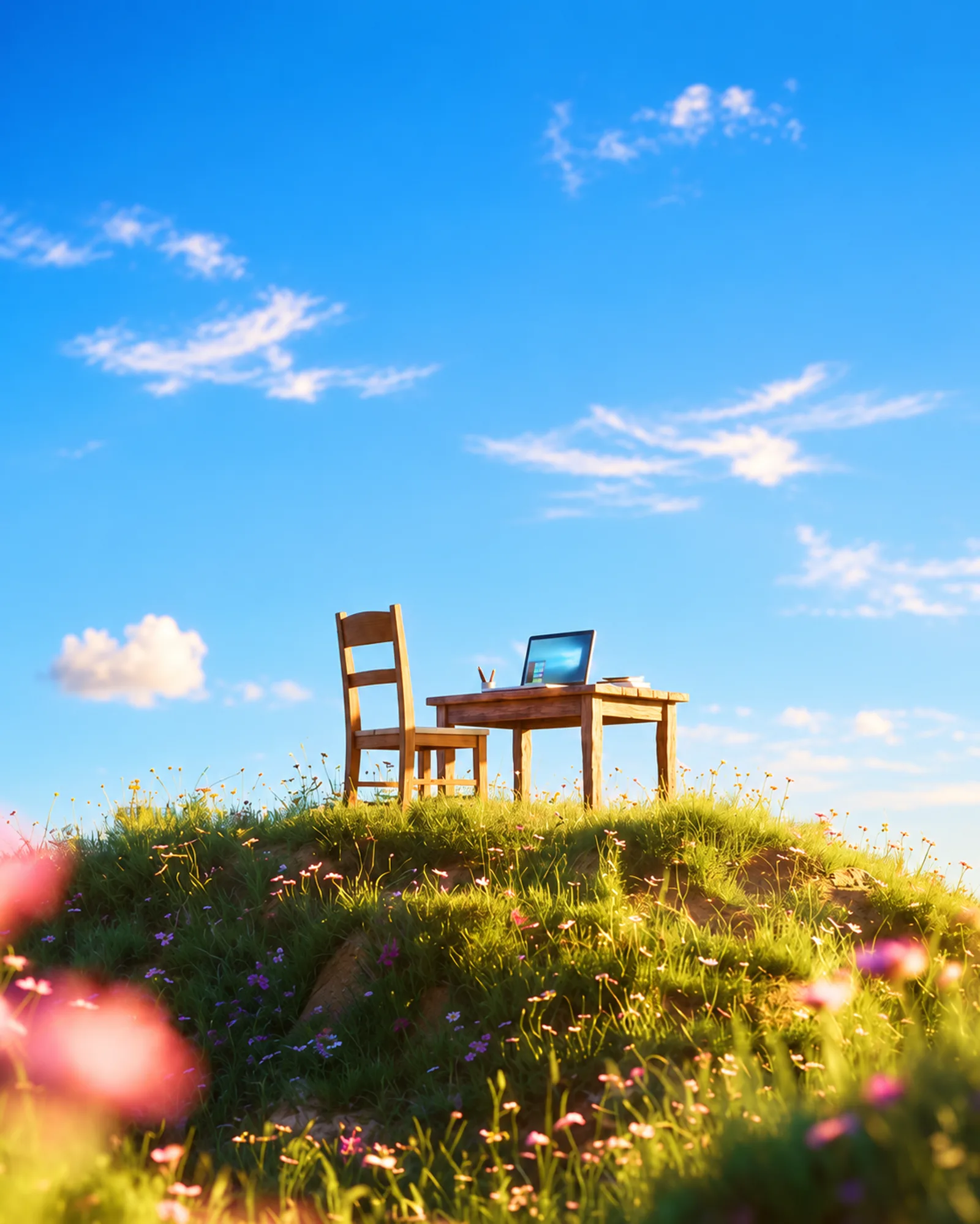 A wooden desk and chair with an open laptop, standing on a sunlit hilltop of grass and wildflowers under a blue sky.